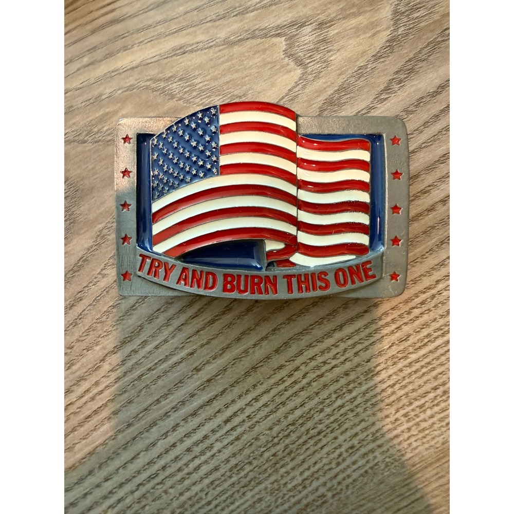 Vintage 1991 C&J Inc American Flag Belt Buckle Try And Burn This One USA NIB
